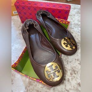 Tory Burch Medium Brown Reva Ballet Flats with Gold Hardware